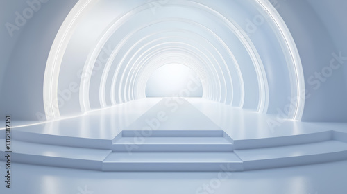 futuristic white fashion catwalk stage with elegant, minimalist design featuring curved arches and soft lighting, creating serene and sophisticated atmosphere
