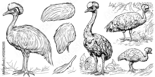 Detailed illustrations of various emu stages in a natural setting showcasing feathers and behavior