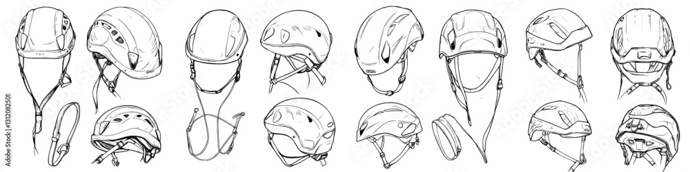 Different styles of safety helmets for various outdoor activities showcased in a detailed illustration Different styles of safety helmets for various outdoor activities showcased in a detailed illustration