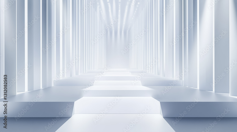Obraz premium futuristic white fashion catwalk stage with elegant, minimalist design, featuring illuminated vertical panels and sleek, reflective floor. space exudes sense of modernity and sophistication