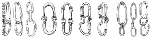 Various types of metal carabiners displayed in a row with distinct designs and shapes for outdoor activities