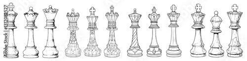 Various chess pieces arranged in order display intricate designs and craftsmanship showcasing their unique features