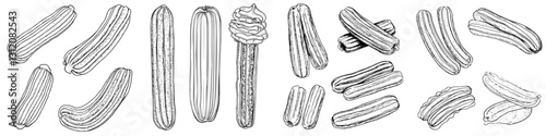 Different types of churros arranged in a detailed layout showing various shapes and textures