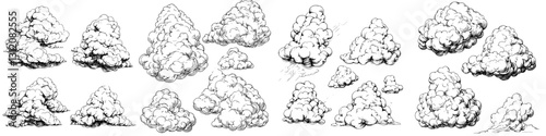 Various styles of hand-drawn clouds showcasing different shapes and sizes in a sketch format for artistic reference