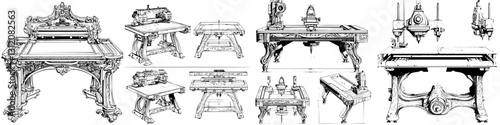 Collection of vintage sewing machines and tables showcasing intricate designs and craftsmanship from the 19th century