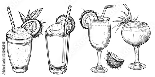 Tropical cocktail illustrations featuring a variety of refreshing drinks perfect for summer gatherings and beach parties