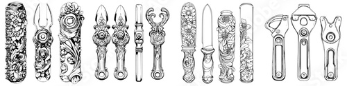 Decorative garden tools with intricate designs displayed on a white background in a creative arrangement