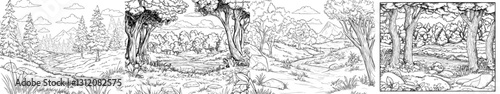 Modern illustration of a forest river landscape in black and white graphic sketch