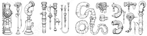 Collection of vintage pipes and valves showcasing intricate designs and craftsmanship from industrial history
