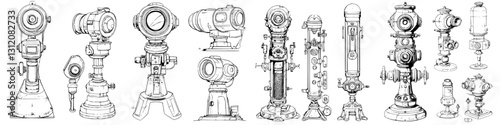 Collection of vintage maritime signal lamps and navigational instruments in detailed sketches