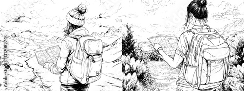 A traveler studies a map depicting a modern black and white landscape sketch illustration of a mountain river in graphic form