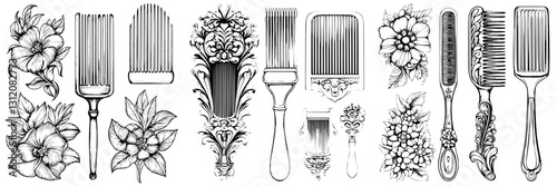 Intricate black and white designs featuring various combs and floral motifs for creative inspiration
