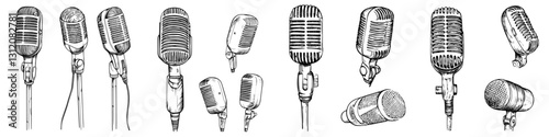 Various vintage microphones arranged in a creative display for a retro music event