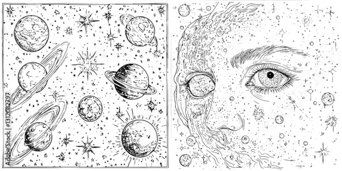 Illustration of the universe featuring planets, stars, and a cosmic face in a surreal style capturing the beauty of space