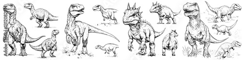 Dinosaurs of various species engaging in different activities in a prehistoric environment during the daytime