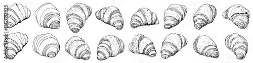 Croissants displayed in a variety of shapes and designs showcasing French pastry art at a bakery
