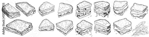 Various types of sandwiches displayed on a plain background, showcasing different fillings and styles throughout the arrangement