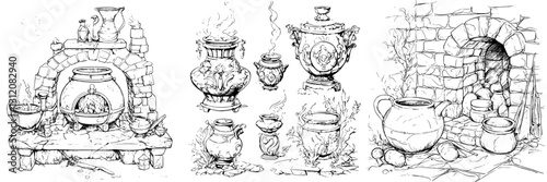 Illustrations of ancient pottery and hearths showcasing traditional craftsmanship and artisan skills