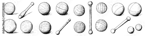 Collection of various textured spheres and sticks arranged in a creative layout on a plain background