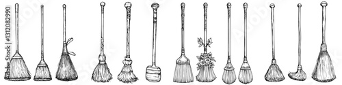 Various types of brooms displayed in a row indicating different uses and designs for cleaning tasks around the house