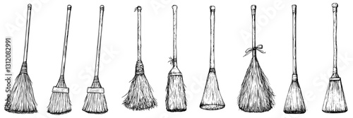 Collection of various brooms lined up against a white background showcasing different styles and designs
