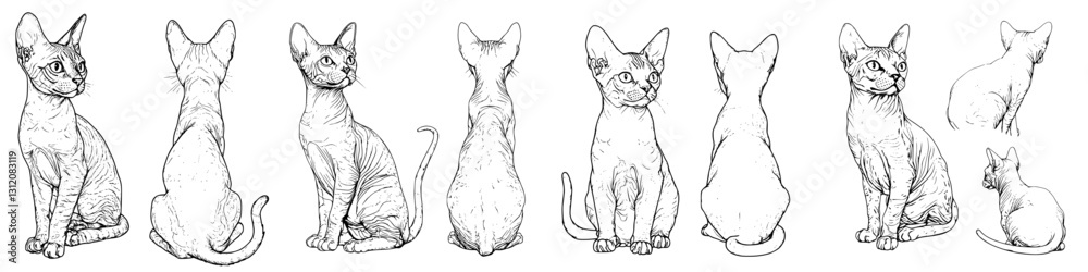 Detailed sketches of cats showcasing various poses and perspectives in a harmonious arrangement Detailed sketches of cats showcasing various poses and perspectives in a harmonious arrangement