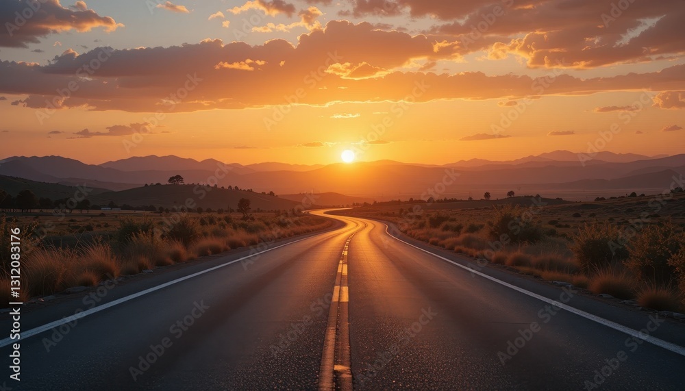 Naklejka premium Sunset journey on highway desert landscape scenic photography warm colors wide view nature's beauty