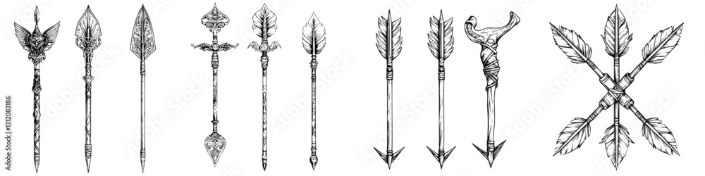 Unique collection of decorative spears and arrows displayed in an artistic arrangement Unique collection of decorative spears and arrows displayed in an artistic arrangement