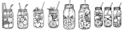 Creative illustrations of refreshing beverages in jars with fruit garnishes at a summer gathering