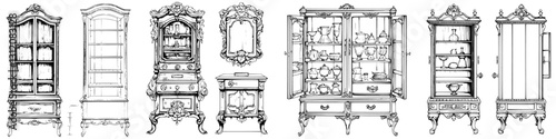 Elegant vintage furniture collection featuring ornate cabinets and stylish display cases in classic design