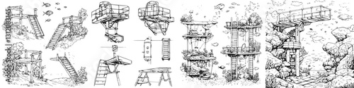 Concepts of underwater observation platforms designed for marine exploration with structural details and accompanying marine life