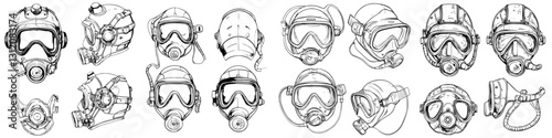 Various designs of protective headgear and breathing apparatus for industrial and hazardous environments