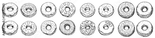 Variety of hand-drawn donuts displayed in a row showcasing different toppings and styles