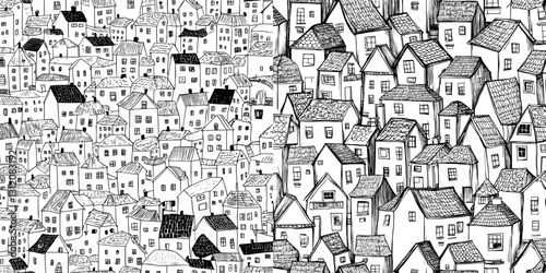 Doodle houses and a cartoon town are depicted in a seamless, hand-drawn pattern set against a modern background