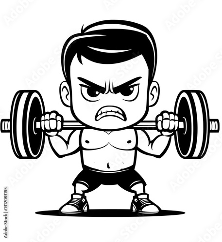 Illustration of a muscular bodybuilder lifting two dumbbells is presented in a cartoon stick drawing style during a workout session