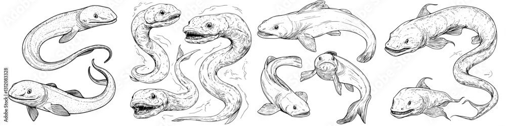 Illustrations of various fish species showcasing unique features and movements in a whimsical style Illustrations of various fish species showcasing unique features and movements in a whimsical style