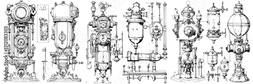 Steam engine illustrations showcase intricate designs of Victorian mechanical inventions for creative inspiration