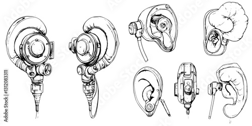 Detailed illustrations of various headphone designs showcasing different features and styles