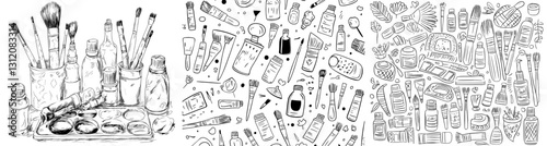 Modern art materials are showcased in a hand-drawn sketch, including paint tools like brushes, tubes of paint, a palette, and knives, all isolated on a white background in a stylized black and white