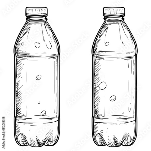 Sketch of two water bottles highlighting design variations and structural details in a minimalist style