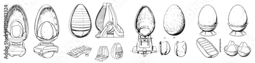 Unique collection of egg designs showcasing intricate styles and forms from multiple perspectives