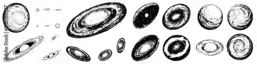 Artistic illustrations of various galaxies showcasing different shapes and sizes in a monochrome style