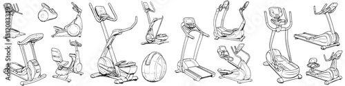 Various types of exercise equipment designed for home fitness and gym use arranged in a detailed layout