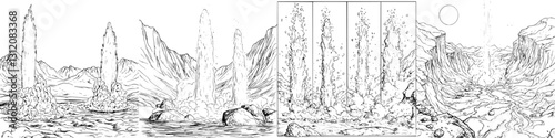 Detailed illustration of natural geysers erupting amidst a mountainous landscape at sunrise