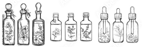 Unique glass bottles filled with herbal extracts and floral designs displayed on a white background