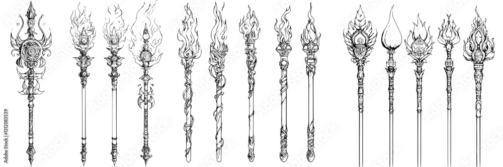Fototapeta premium Collection of intricately designed torches featuring flame motifs and ornate details displayed in a series of artistic sketches