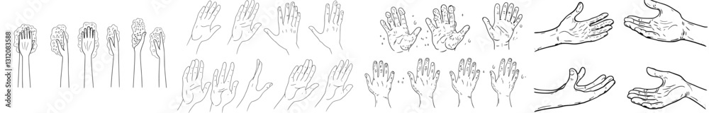 Obraz premium A hand drawn modern doodle illustration of a step-by-step guide on how to wash hands properly, titled Washing Hands Step by Step Methods