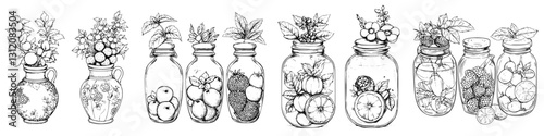 Illustrations of various jars filled with plants and fruits arranged in a row