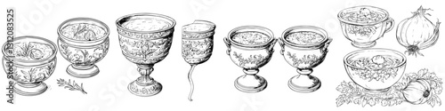 Detailed illustrations of various decorative bowls filled with food and beverages, showcasing intricate designs and traditional craftsmanship