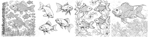 Various illustrations of goldfish swimming among aquatic plants and coral in a detailed black and white style